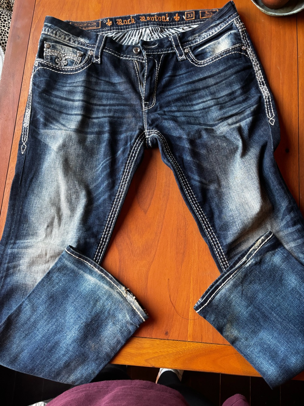Rock Revival Women’s Dark Blue Bootcut Jeans with Fading and Fleur-de-Lis 33